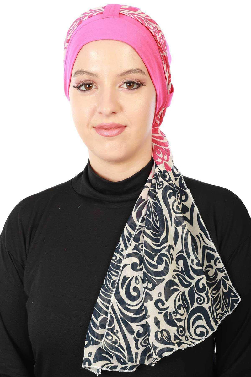 Turban Bonnet Cap with Long Patterned Chiffon Belt, Stylish Cotton Instant Turban, Removable Chiffon Belted Turban Scarf Headwrap,B-36D