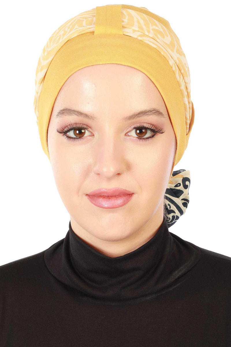 Turban Bonnet Cap with Long Patterned Chiffon Belt, Stylish Cotton Instant Turban, Removable Chiffon Belted Turban Scarf Headwrap,B-36D
