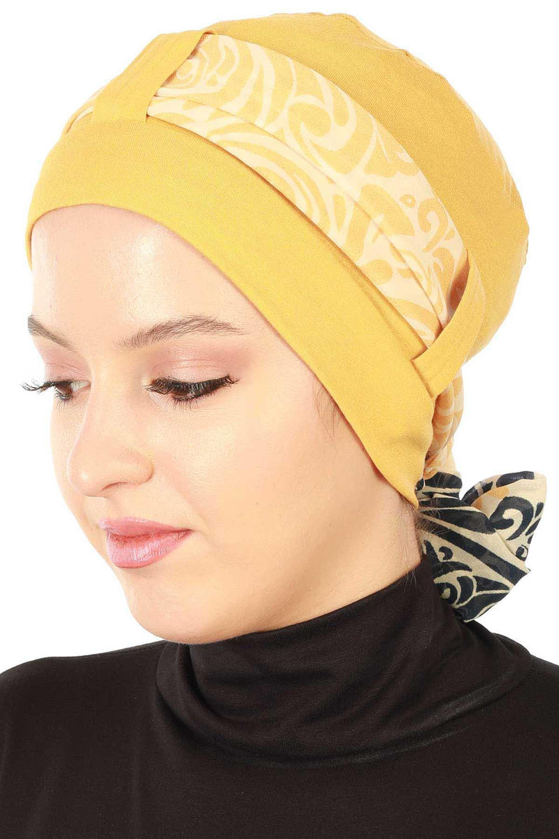 Turban Bonnet Cap with Long Patterned Chiffon Belt, Stylish Cotton Instant Turban, Removable Chiffon Belted Turban Scarf Headwrap,B-36D