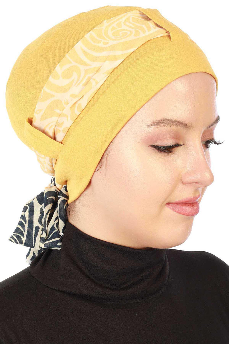 Turban Bonnet Cap with Long Patterned Chiffon Belt, Stylish Cotton Instant Turban, Removable Chiffon Belted Turban Scarf Headwrap,B-36D