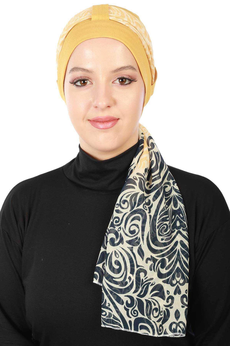 Turban Bonnet Cap with Long Patterned Chiffon Belt, Stylish Cotton Instant Turban, Removable Chiffon Belted Turban Scarf Headwrap,B-36D