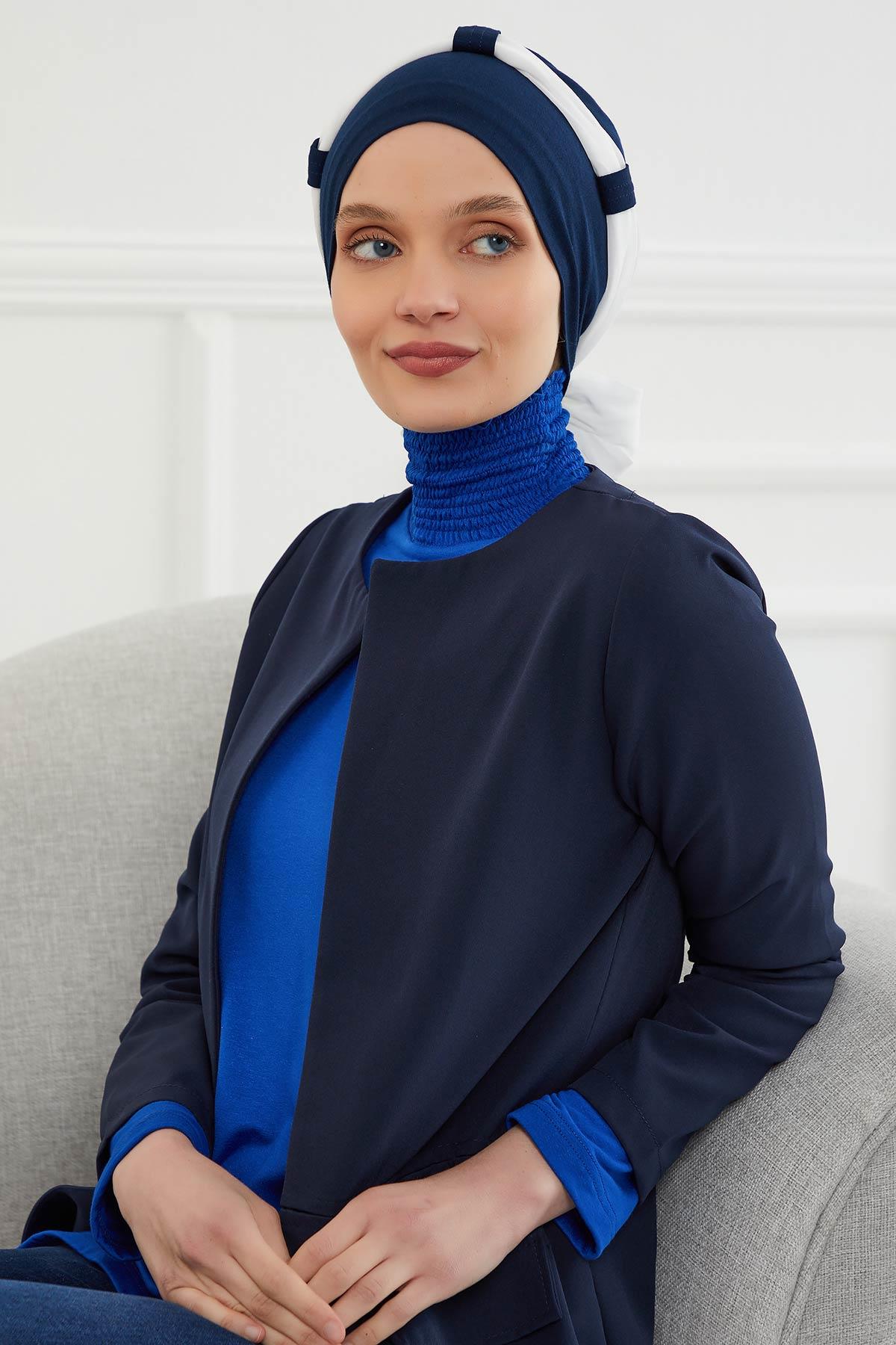 Dual Tone Instant Turban Bonnet with Chiffon Band, Fashionable Muslim Head Covering for Women, Ready-to-Wear Versatile Women Head Wrap,B-24 Navy Blue - White