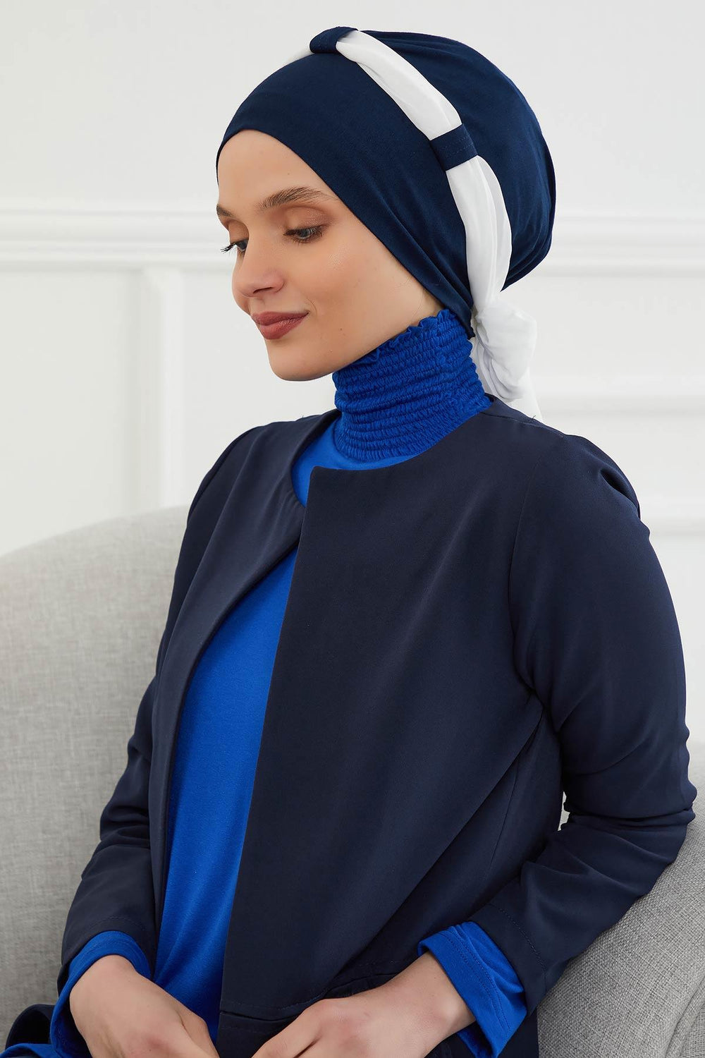 Dual Tone Instant Turban Bonnet with Chiffon Band, Fashionable Muslim Head Covering for Women, Ready-to-Wear Versatile Women Head Wrap,B-24 Navy Blue - White