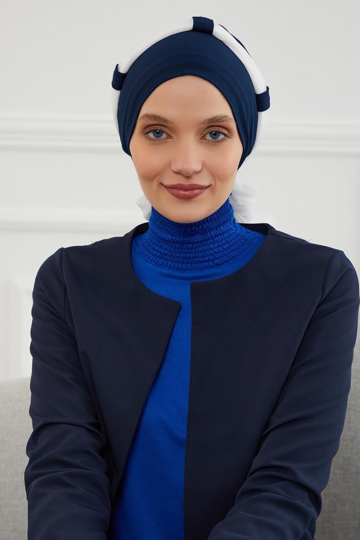 Dual Tone Instant Turban Bonnet with Chiffon Band, Fashionable Muslim Head Covering for Women, Ready-to-Wear Versatile Women Head Wrap,B-24 Navy Blue - White