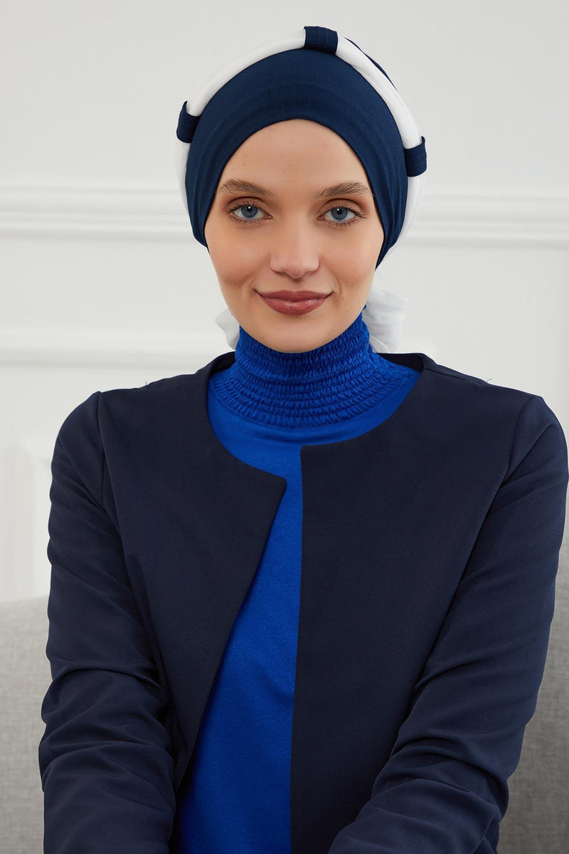Dual Tone Instant Turban Bonnet with Chiffon Band, Fashionable Muslim Head Covering for Women, Ready-to-Wear Versatile Women Head Wrap,B-24