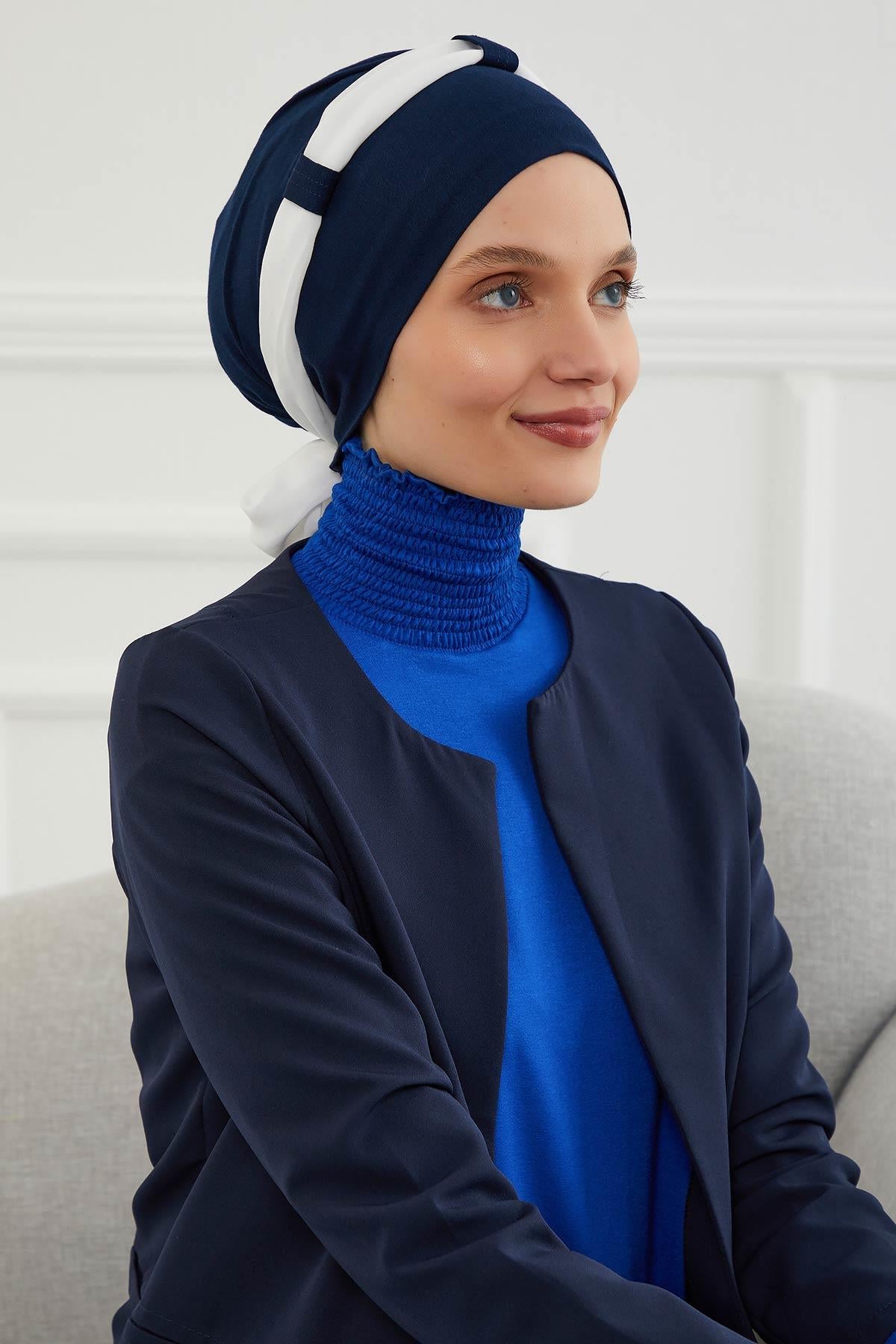 Dual Tone Instant Turban Bonnet with Chiffon Band, Fashionable Muslim Head Covering for Women, Ready-to-Wear Versatile Women Head Wrap,B-24 Navy Blue - White
