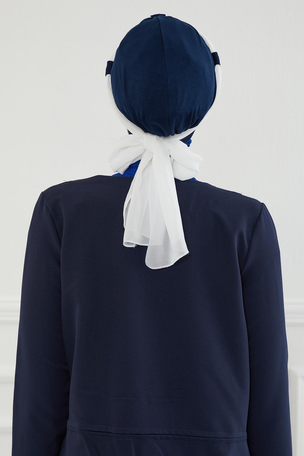 Dual Tone Instant Turban Bonnet with Chiffon Band, Fashionable Muslim Head Covering for Women, Ready-to-Wear Versatile Women Head Wrap,B-24 Navy Blue - White