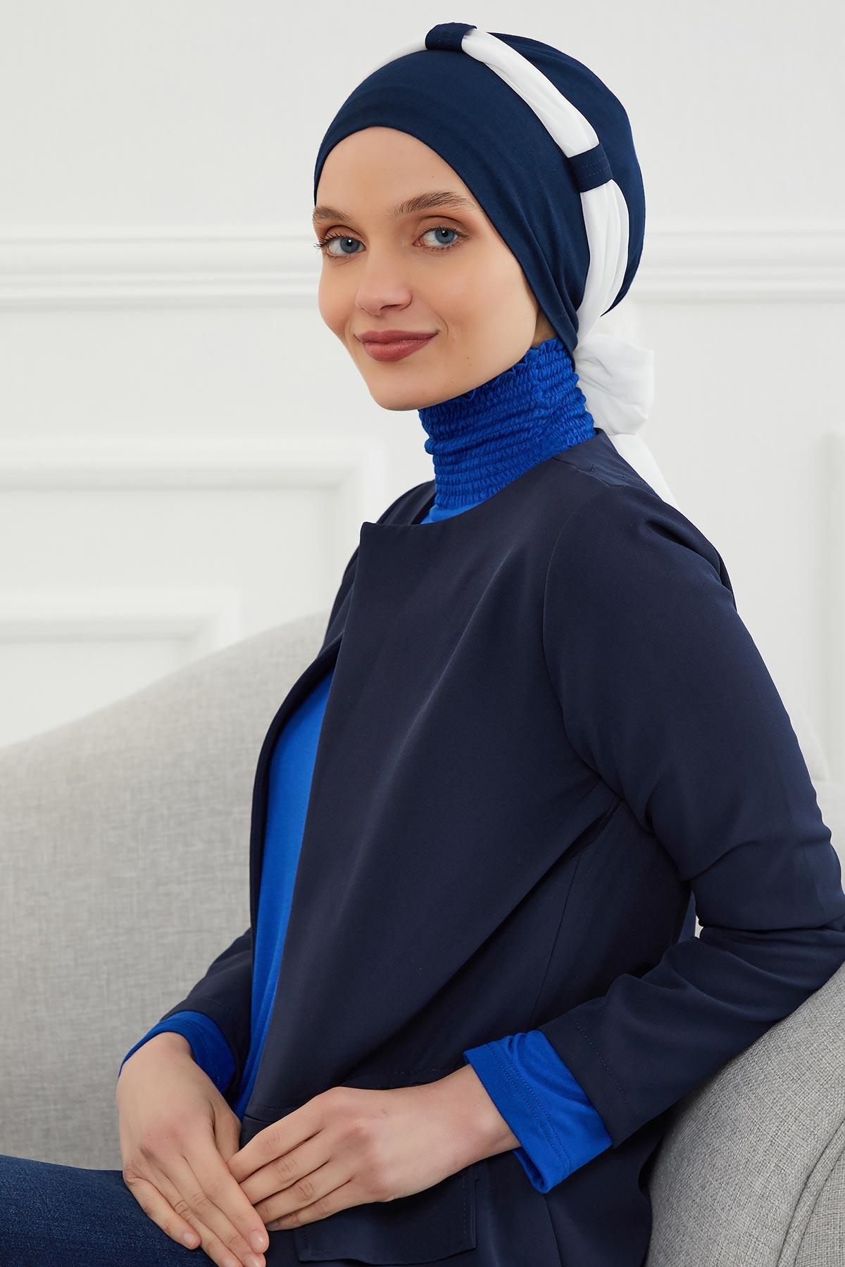 Dual Tone Instant Turban Bonnet with Chiffon Band, Fashionable Muslim Head Covering for Women, Ready-to-Wear Versatile Women Head Wrap,B-24 Navy Blue - White