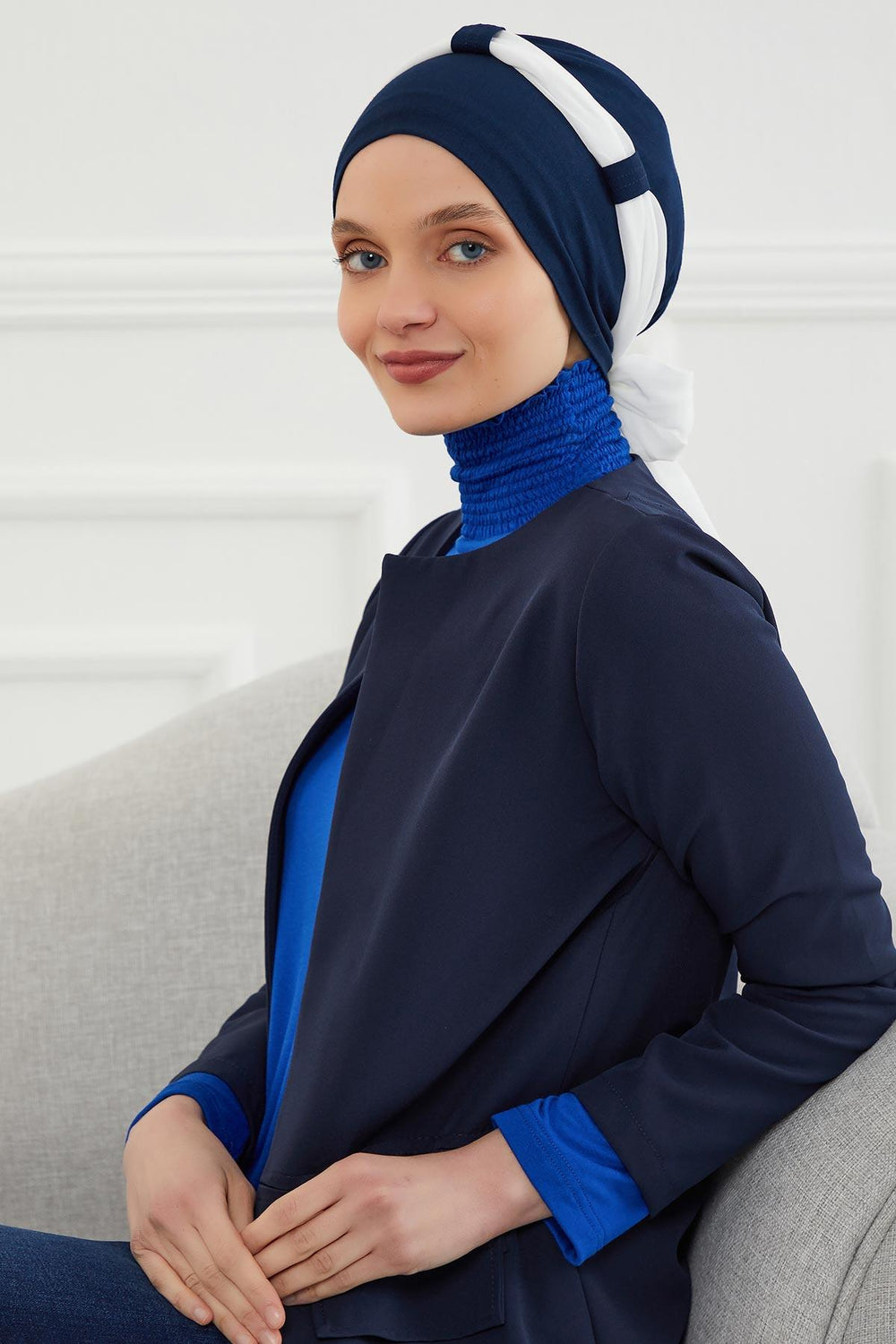 Dual Tone Instant Turban Bonnet with Chiffon Band, Fashionable Muslim Head Covering for Women, Ready-to-Wear Versatile Women Head Wrap,B-24 Navy Blue - White