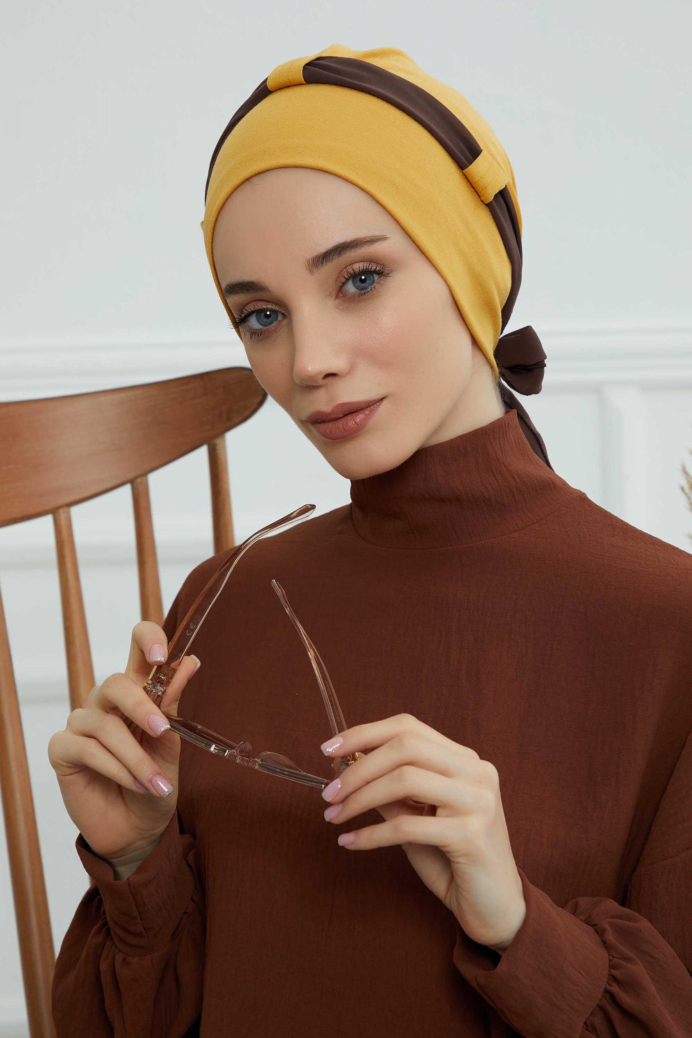 Dual Tone Instant Turban Bonnet with Chiffon Band, Fashionable Muslim Head Covering for Women, Ready-to-Wear Versatile Women Head Wrap,B-24 Mustard Yellow - Brown