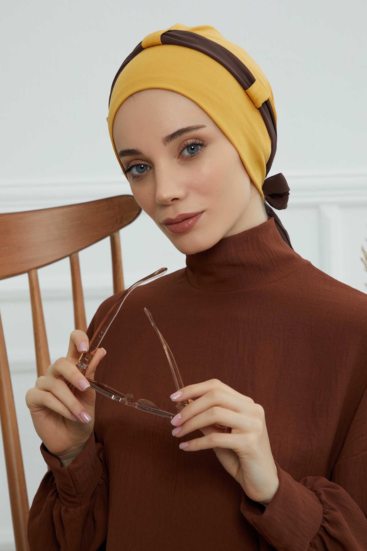 Dual Tone Instant Turban Bonnet with Chiffon Band, Fashionable Muslim Head Covering for Women, Ready-to-Wear Versatile Women Head Wrap,B-24 Mustard Yellow - Brown