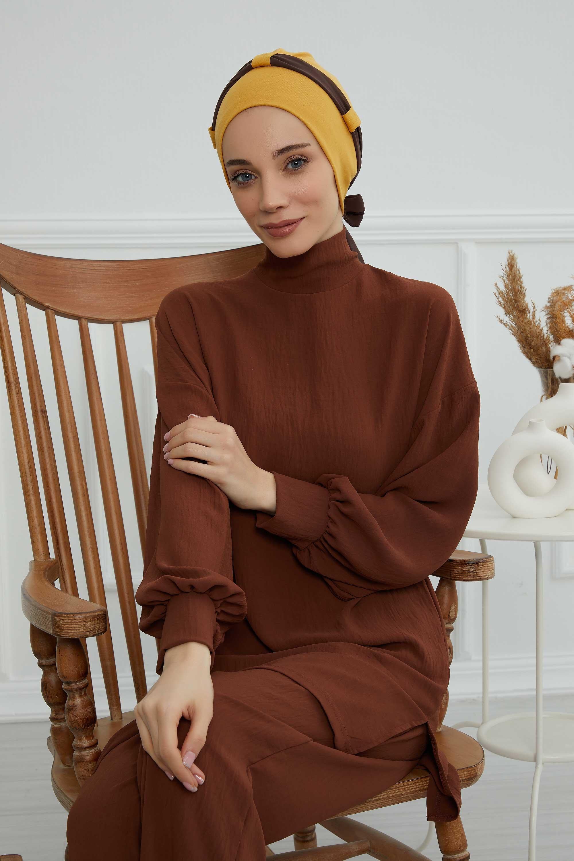 Dual Tone Instant Turban Bonnet with Chiffon Band, Fashionable Muslim Head Covering for Women, Ready-to-Wear Versatile Women Head Wrap,B-24 Mustard Yellow - Brown
