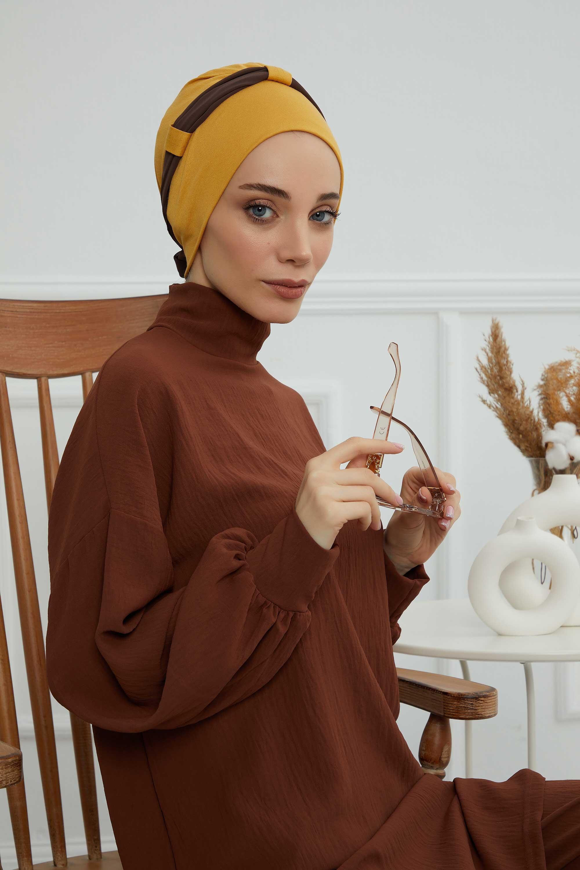 Dual Tone Instant Turban Bonnet with Chiffon Band, Fashionable Muslim Head Covering for Women, Ready-to-Wear Versatile Women Head Wrap,B-24 Mustard Yellow - Brown