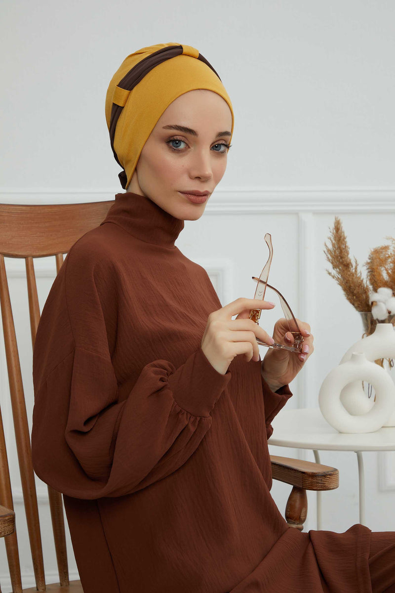Dual Tone Instant Turban Bonnet with Chiffon Band, Fashionable Muslim Head Covering for Women, Ready-to-Wear Versatile Women Head Wrap,B-24