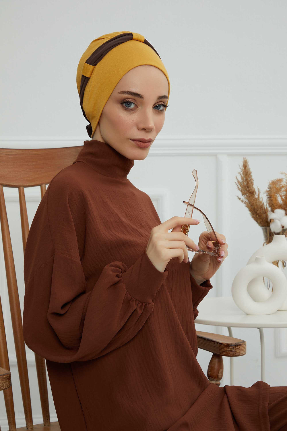 Dual Tone Instant Turban Bonnet with Chiffon Band, Fashionable Muslim Head Covering for Women, Ready-to-Wear Versatile Women Head Wrap,B-24 Mustard Yellow - Brown