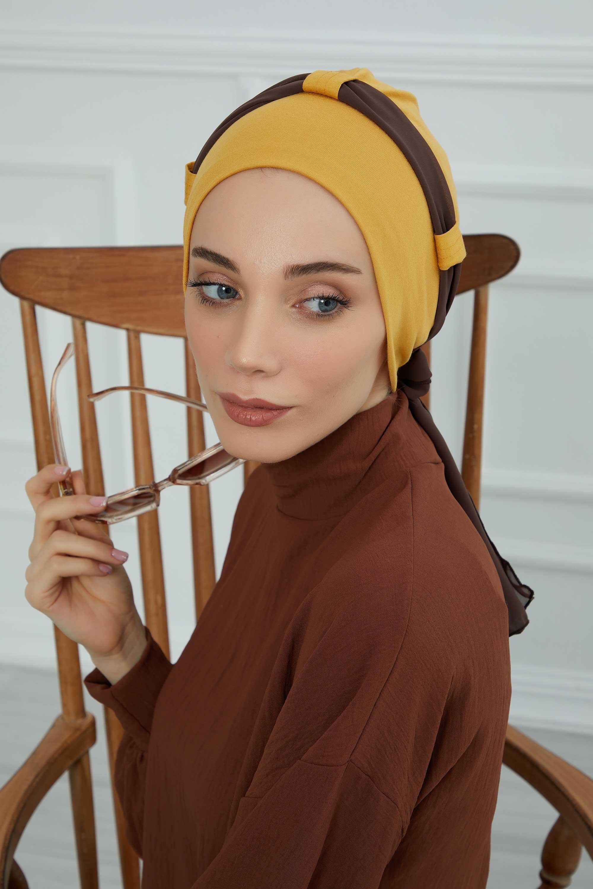 Dual Tone Instant Turban Bonnet with Chiffon Band, Fashionable Muslim Head Covering for Women, Ready-to-Wear Versatile Women Head Wrap,B-24 Mustard Yellow - Brown