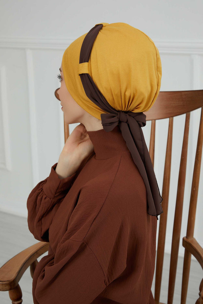 Dual Tone Instant Turban Bonnet with Chiffon Band, Fashionable Muslim Head Covering for Women, Ready-to-Wear Versatile Women Head Wrap,B-24