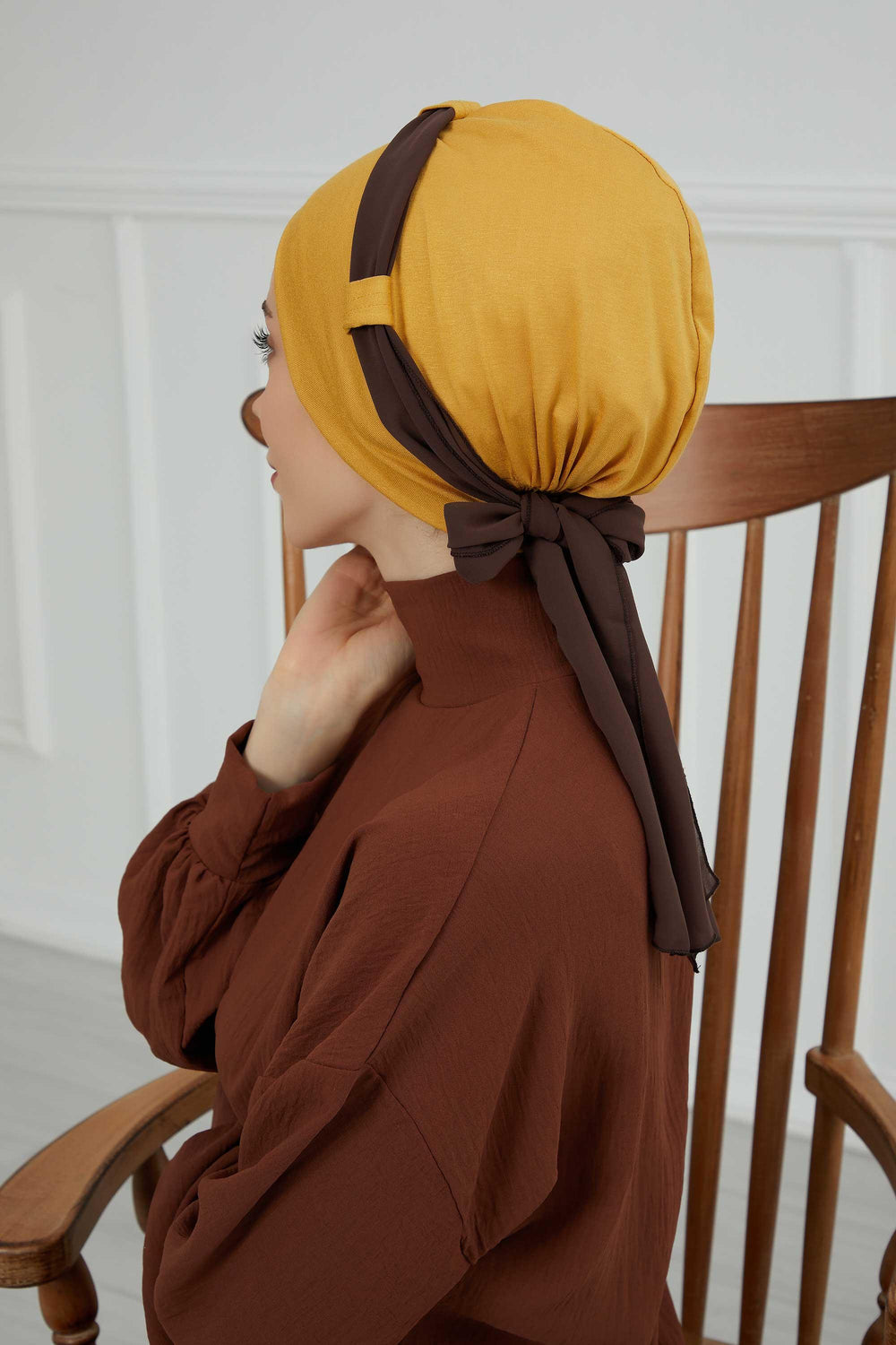 Dual Tone Instant Turban Bonnet with Chiffon Band, Fashionable Muslim Head Covering for Women, Ready-to-Wear Versatile Women Head Wrap,B-24 Mustard Yellow - Brown