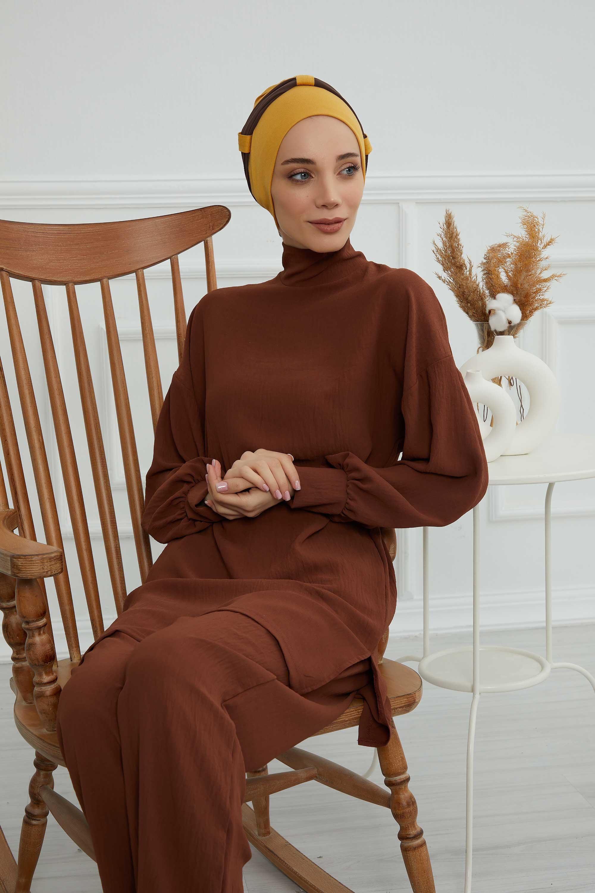 Dual Tone Instant Turban Bonnet with Chiffon Band, Fashionable Muslim Head Covering for Women, Ready-to-Wear Versatile Women Head Wrap,B-24 Mustard Yellow - Brown