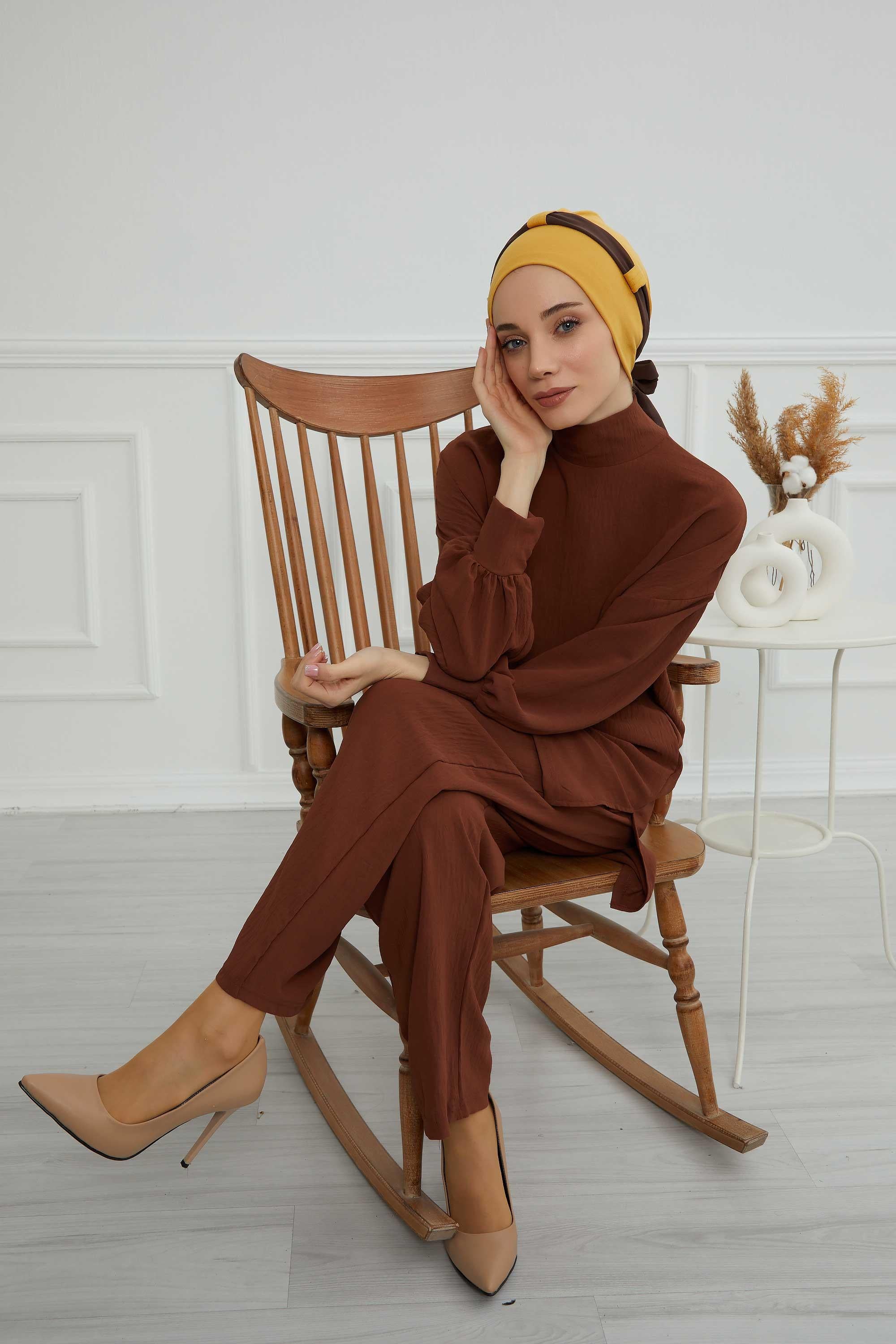 Dual Tone Instant Turban Bonnet with Chiffon Band, Fashionable Muslim Head Covering for Women, Ready-to-Wear Versatile Women Head Wrap,B-24 Mustard Yellow - Brown