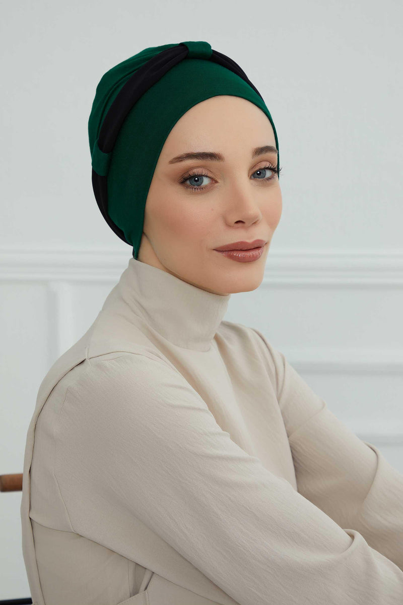 Dual Tone Instant Turban Bonnet with Chiffon Band, Fashionable Muslim Head Covering for Women, Ready-to-Wear Versatile Women Head Wrap,B-24