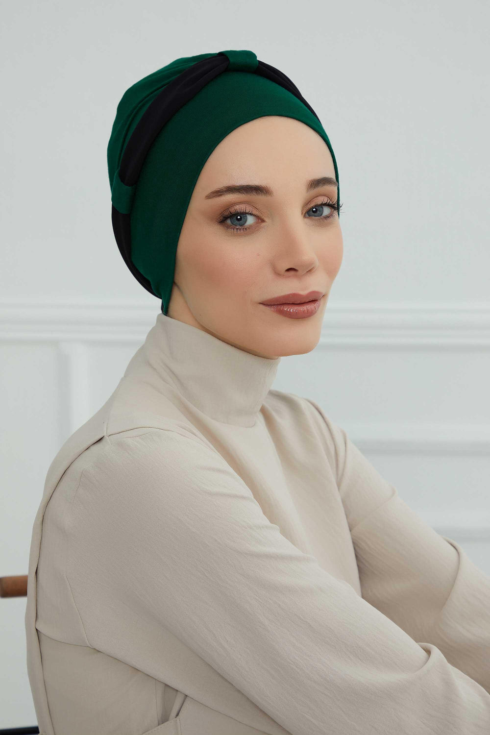 Dual Tone Instant Turban Bonnet with Chiffon Band, Fashionable Muslim Head Covering for Women, Ready-to-Wear Versatile Women Head Wrap,B-24 Dark Green - Black