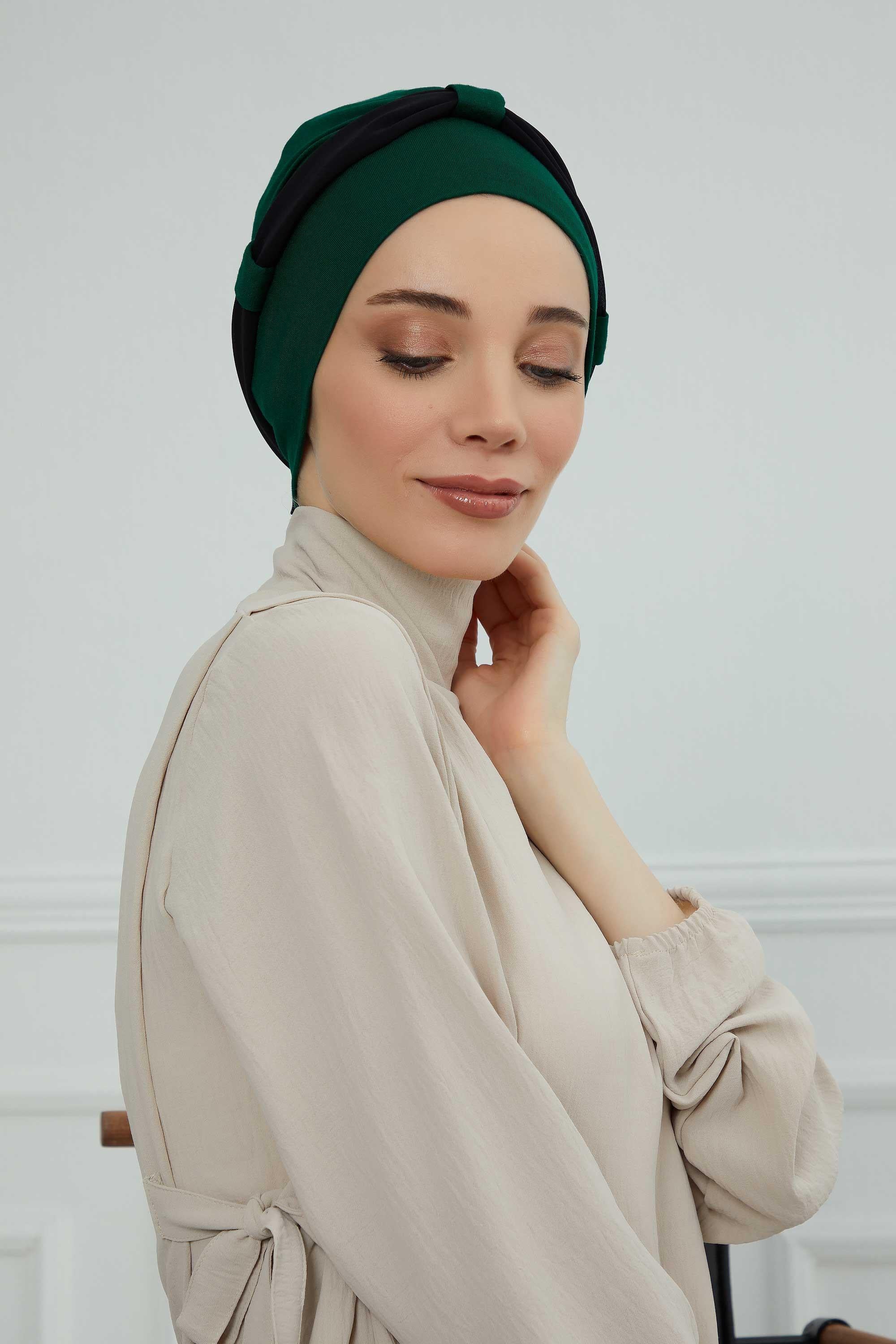 Dual Tone Instant Turban Bonnet with Chiffon Band, Fashionable Muslim Head Covering for Women, Ready-to-Wear Versatile Women Head Wrap,B-24 Dark Green - Black