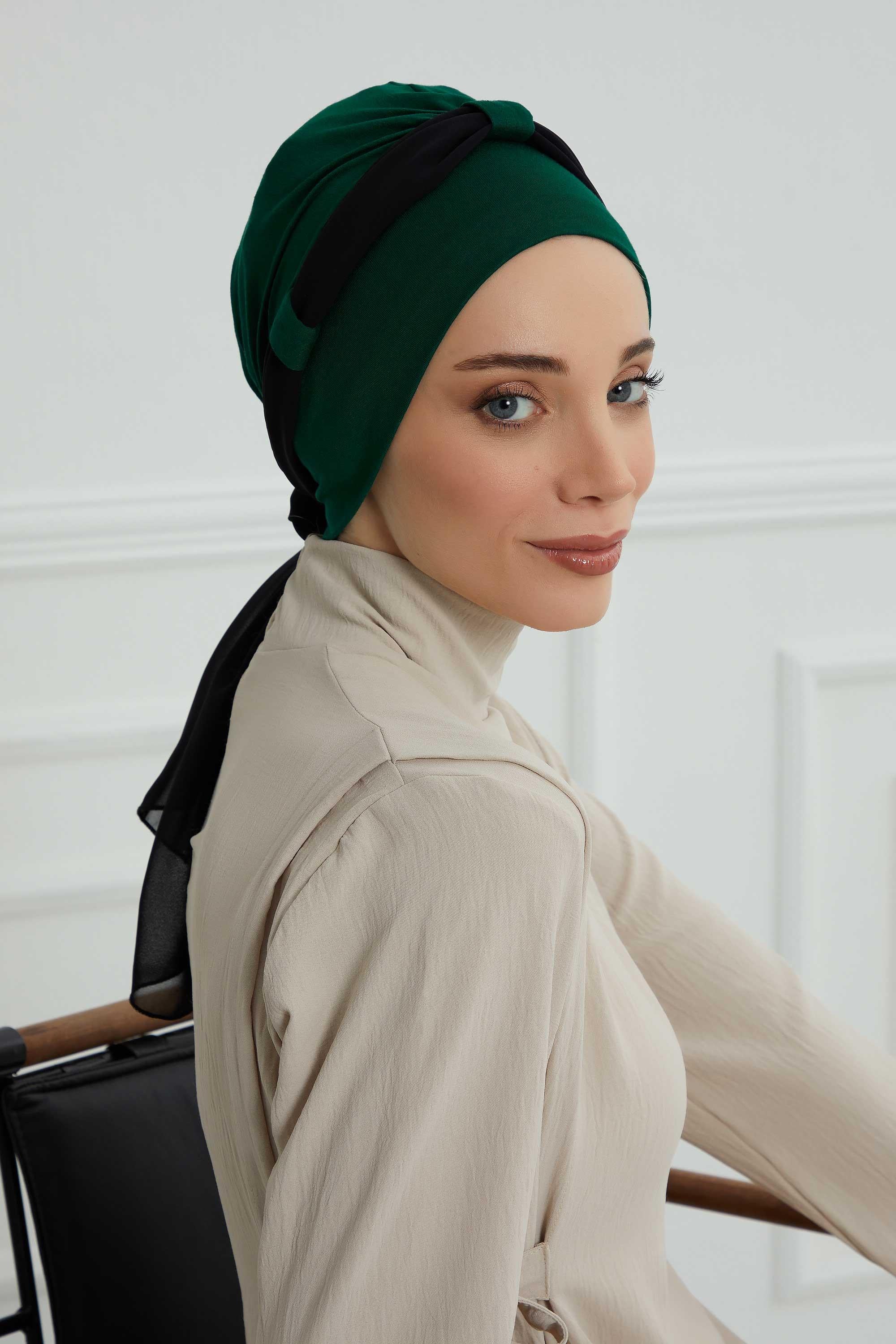 Dual Tone Instant Turban Bonnet with Chiffon Band, Fashionable Muslim Head Covering for Women, Ready-to-Wear Versatile Women Head Wrap,B-24 Dark Green - Black