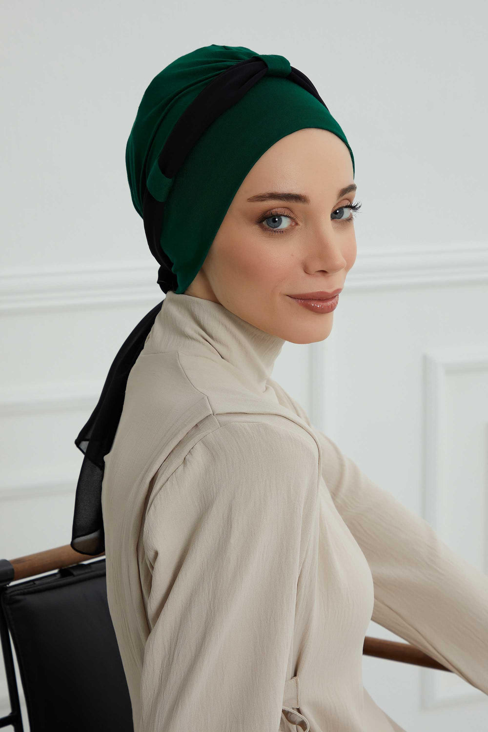 Dual Tone Instant Turban Bonnet with Chiffon Band, Fashionable Muslim Head Covering for Women, Ready-to-Wear Versatile Women Head Wrap,B-24 Dark Green - Black