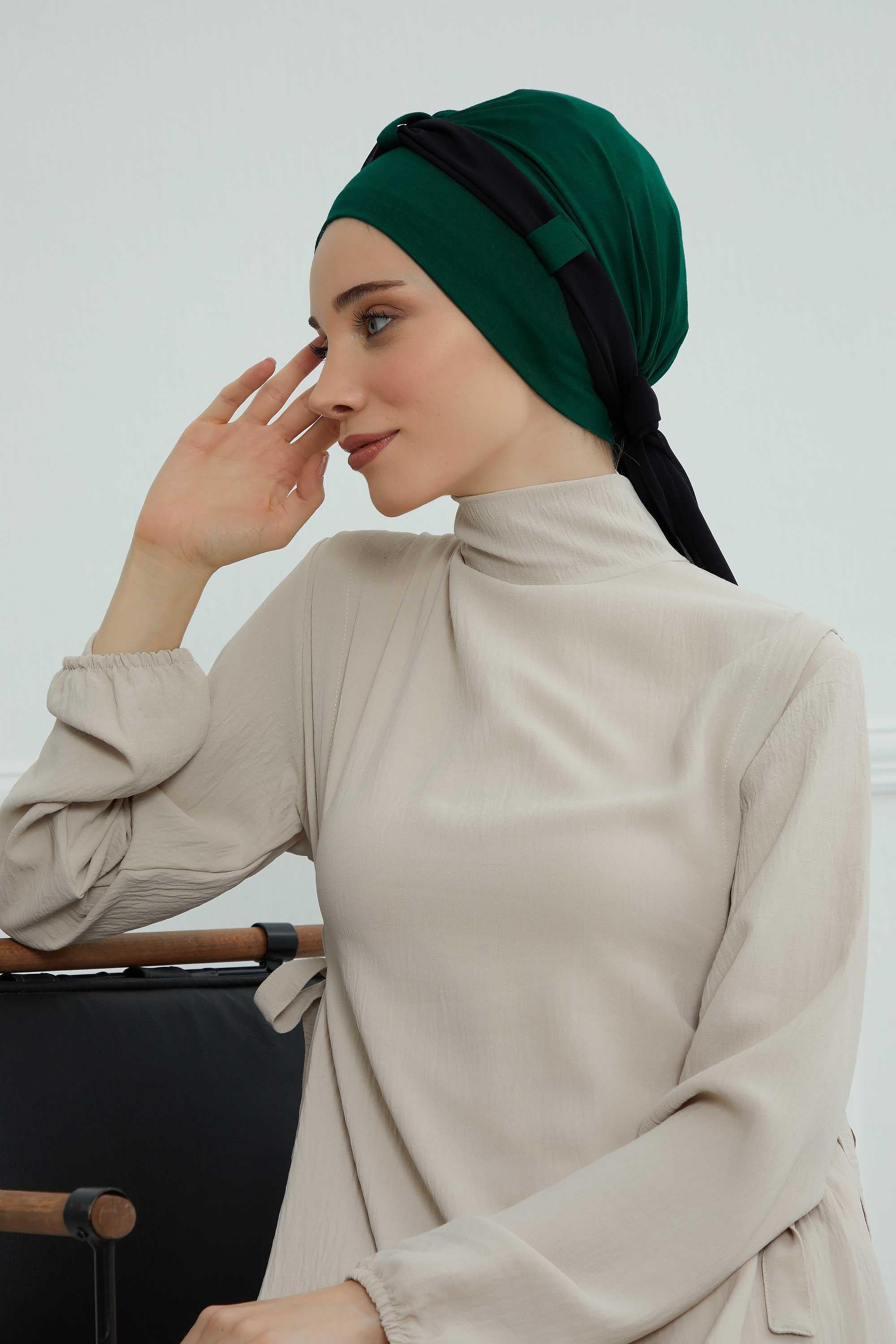 Dual Tone Instant Turban Bonnet with Chiffon Band, Fashionable Muslim Head Covering for Women, Ready-to-Wear Versatile Women Head Wrap,B-24 Dark Green - Black