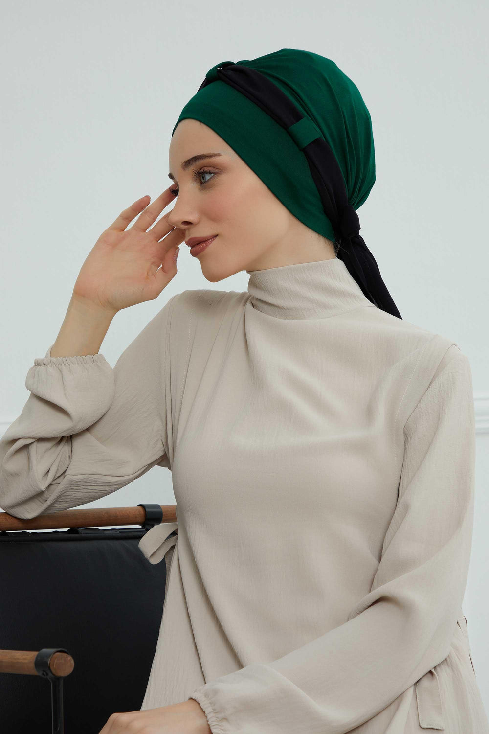 Dual Tone Instant Turban Bonnet with Chiffon Band, Fashionable Muslim Head Covering for Women, Ready-to-Wear Versatile Women Head Wrap,B-24 Dark Green - Black