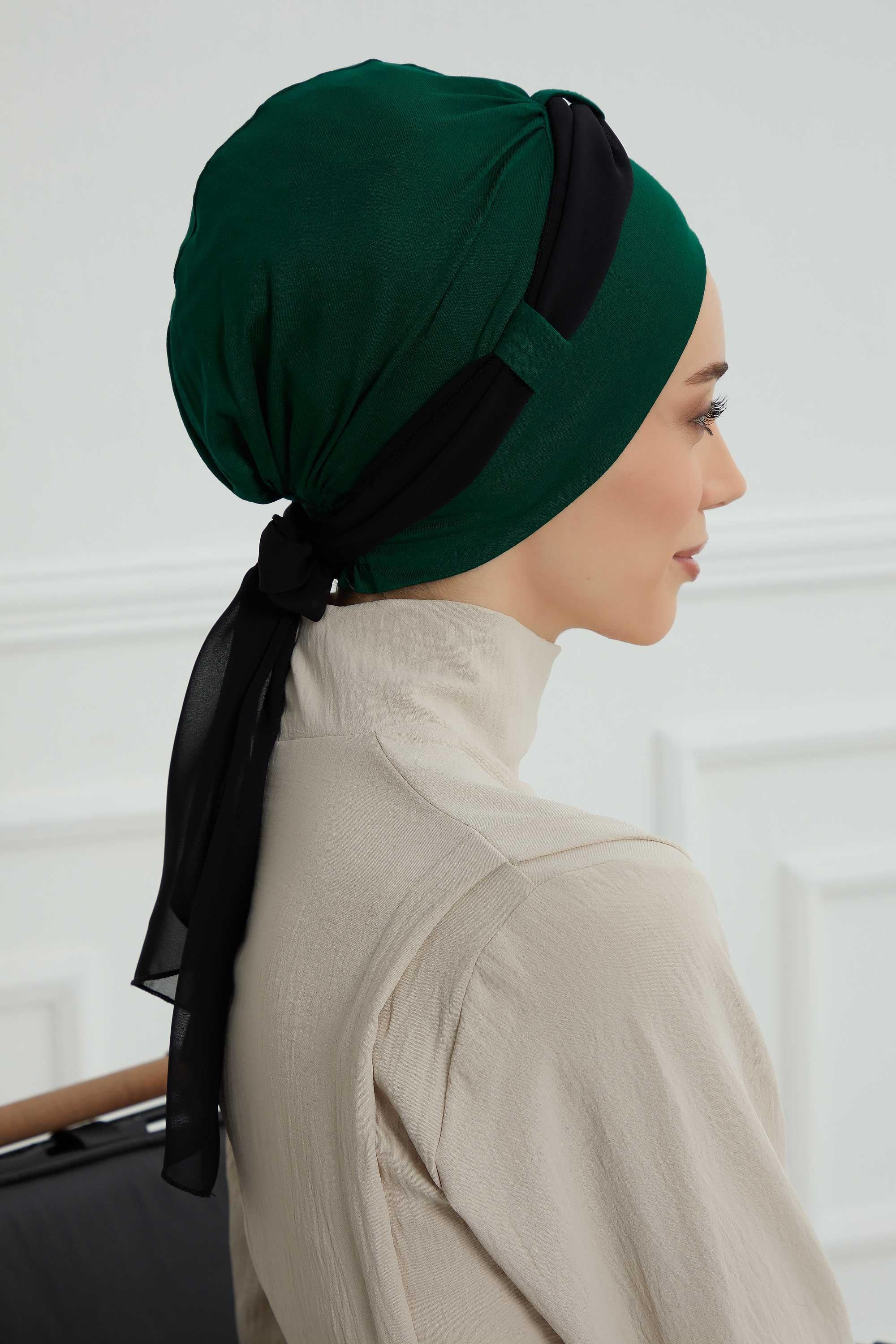 Dual Tone Instant Turban Bonnet with Chiffon Band, Fashionable Muslim Head Covering for Women, Ready-to-Wear Versatile Women Head Wrap,B-24 Dark Green - Black