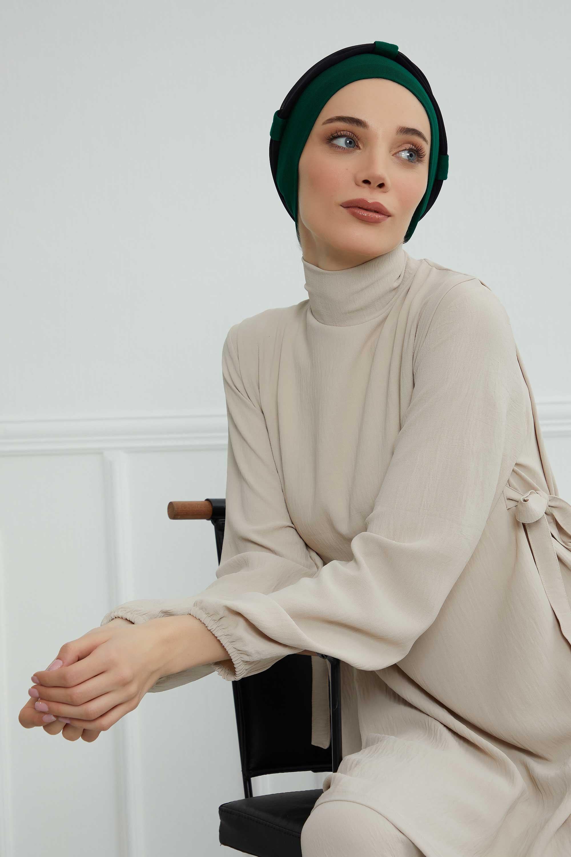 Dual Tone Instant Turban Bonnet with Chiffon Band, Fashionable Muslim Head Covering for Women, Ready-to-Wear Versatile Women Head Wrap,B-24 Dark Green - Black