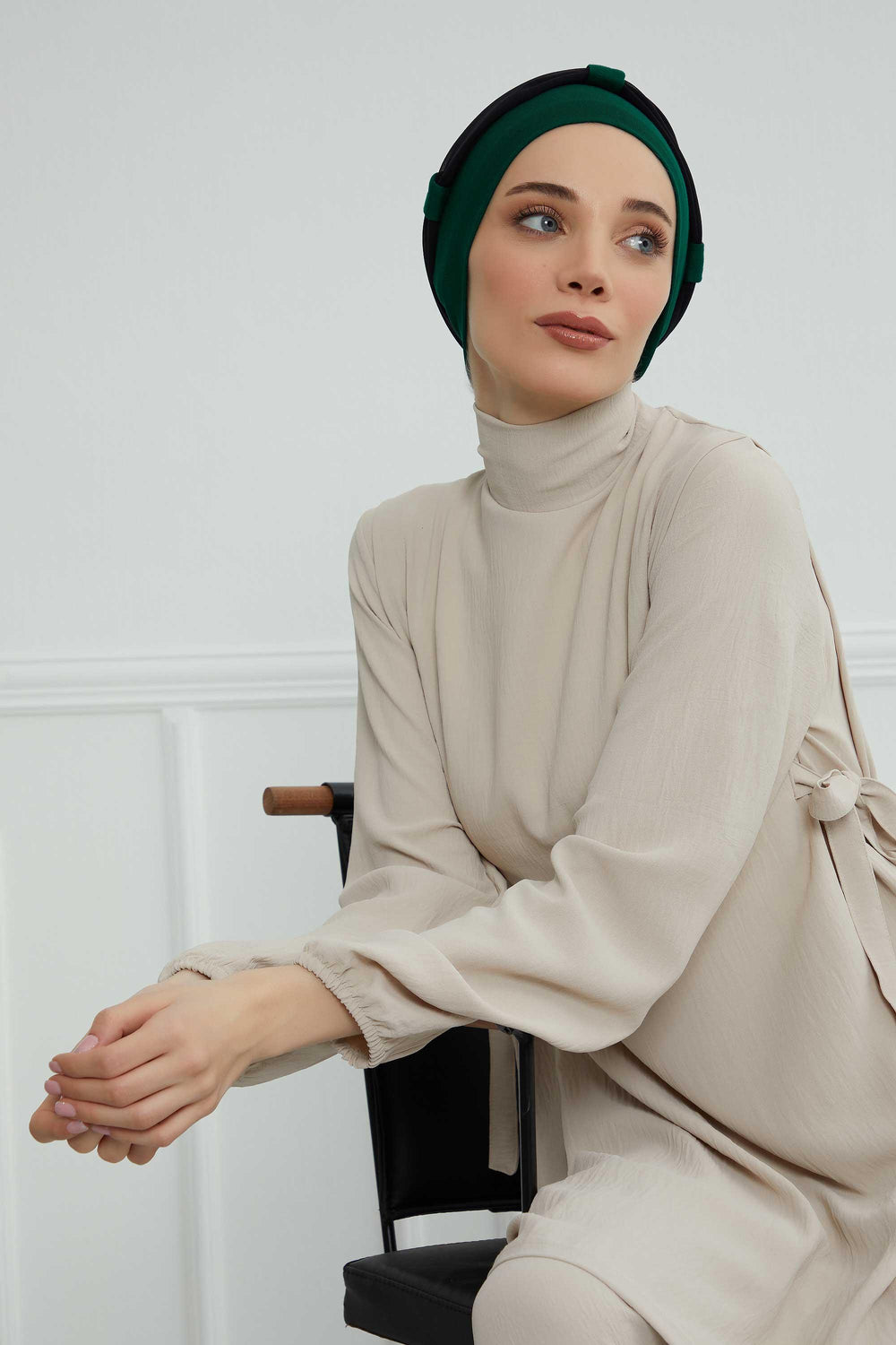 Dual Tone Instant Turban Bonnet with Chiffon Band, Fashionable Muslim Head Covering for Women, Ready-to-Wear Versatile Women Head Wrap,B-24 Dark Green - Black