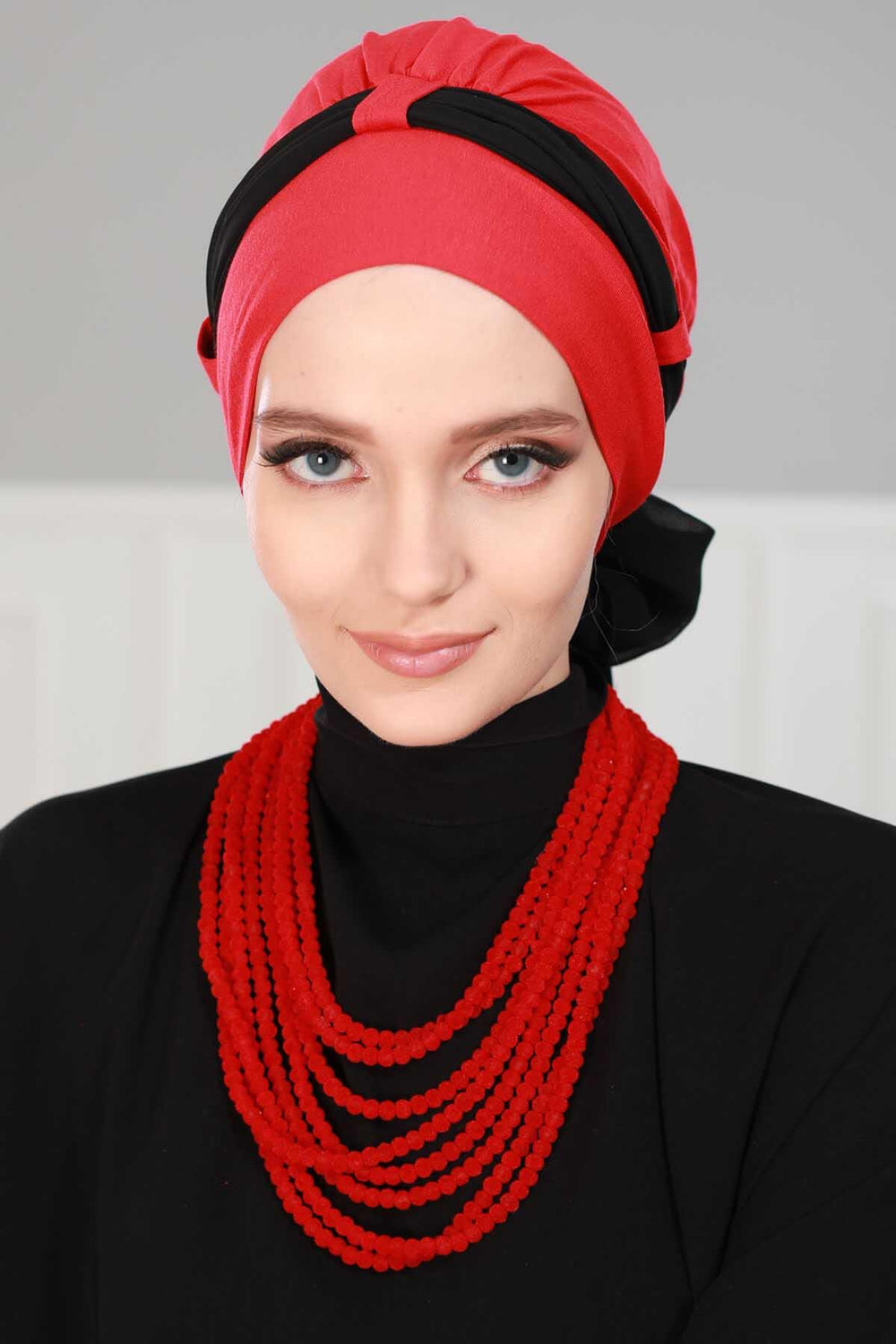 Dual Tone Instant Turban Bonnet with Chiffon Band, Fashionable Muslim Head Covering for Women, Ready-to-Wear Versatile Women Head Wrap,B-24 Red - Black