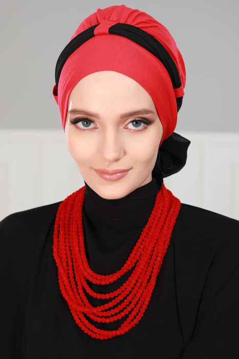 غطاء رأس عمامة ثنائي اللون مع شريط شيفون، غطاء رأس إسلامي عصري للنساء، غطاء رأس متعدد الاستخدامات جاهز للارتداء للنساء، B-24