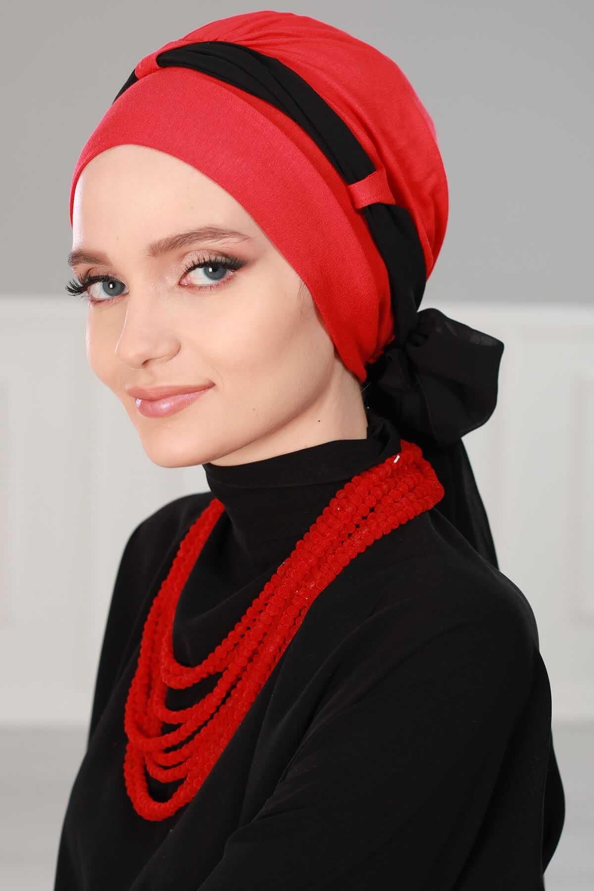 Dual Tone Instant Turban Bonnet with Chiffon Band, Fashionable Muslim Head Covering for Women, Ready-to-Wear Versatile Women Head Wrap,B-24 Red - Black