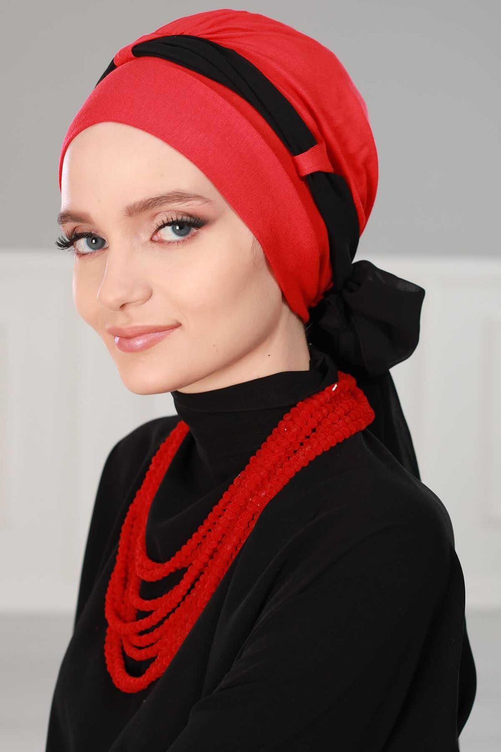 Dual Tone Instant Turban Bonnet with Chiffon Band, Fashionable Muslim Head Covering for Women, Ready-to-Wear Versatile Women Head Wrap,B-24 Red - Black