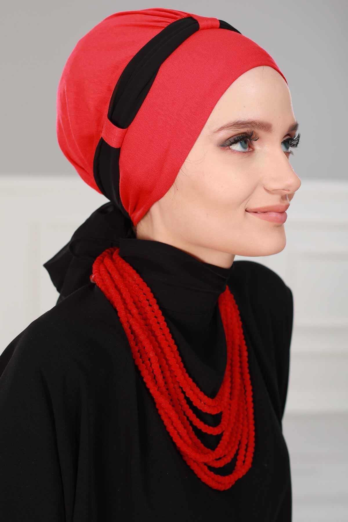 Dual Tone Instant Turban Bonnet with Chiffon Band, Fashionable Muslim Head Covering for Women, Ready-to-Wear Versatile Women Head Wrap,B-24 Red - Black
