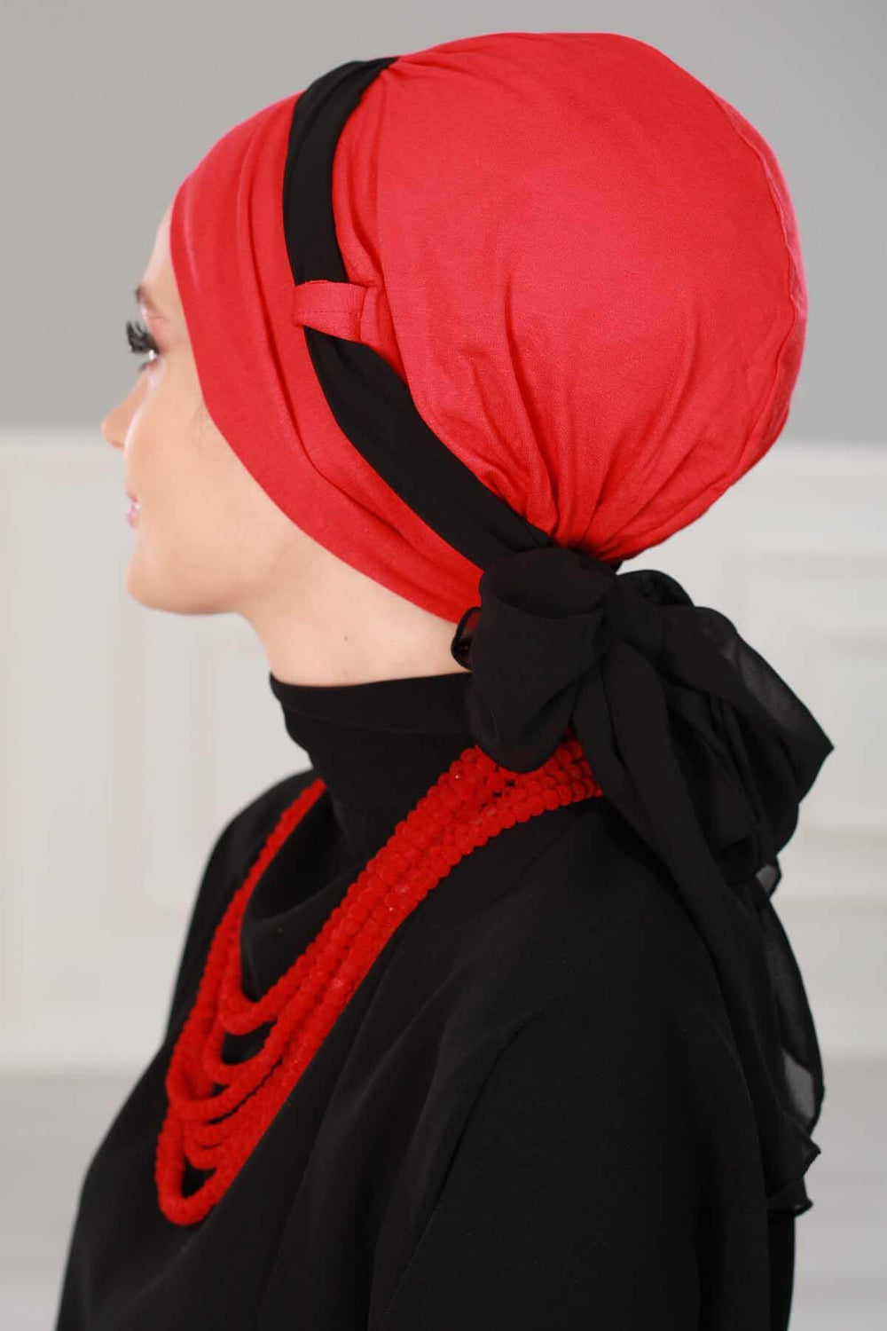 Dual Tone Instant Turban Bonnet with Chiffon Band, Fashionable Muslim Head Covering for Women, Ready-to-Wear Versatile Women Head Wrap,B-24 Red - Black
