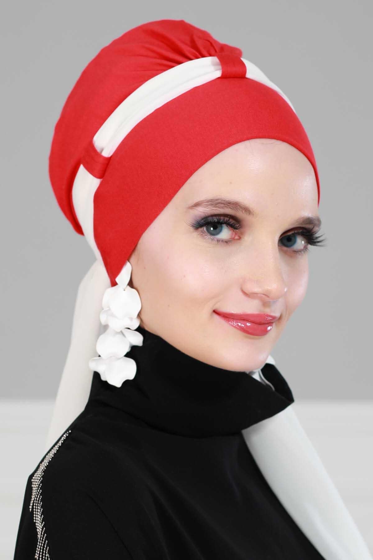 Dual Tone Instant Turban Bonnet with Chiffon Band, Fashionable Muslim Head Covering for Women, Ready-to-Wear Versatile Women Head Wrap,B-24 Red - Ivory