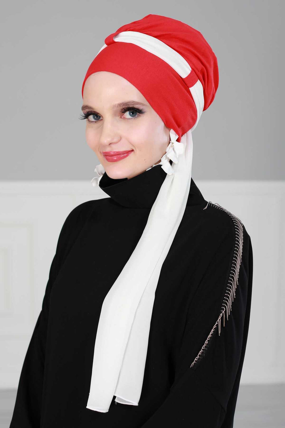 Dual Tone Instant Turban Bonnet with Chiffon Band, Fashionable Muslim Head Covering for Women, Ready-to-Wear Versatile Women Head Wrap,B-24 Red - Ivory