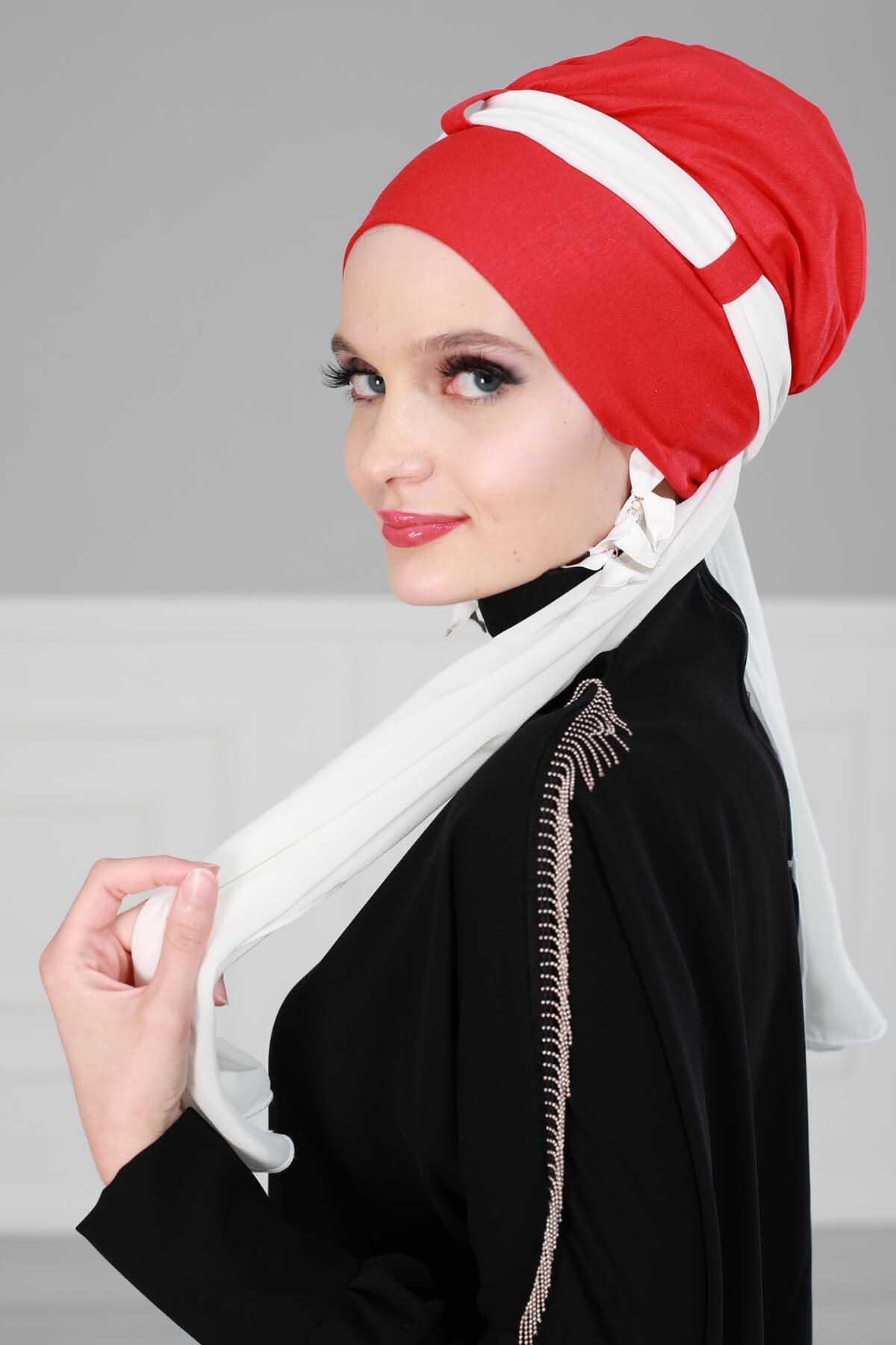 Dual Tone Instant Turban Bonnet with Chiffon Band, Fashionable Muslim Head Covering for Women, Ready-to-Wear Versatile Women Head Wrap,B-24 Red - Ivory
