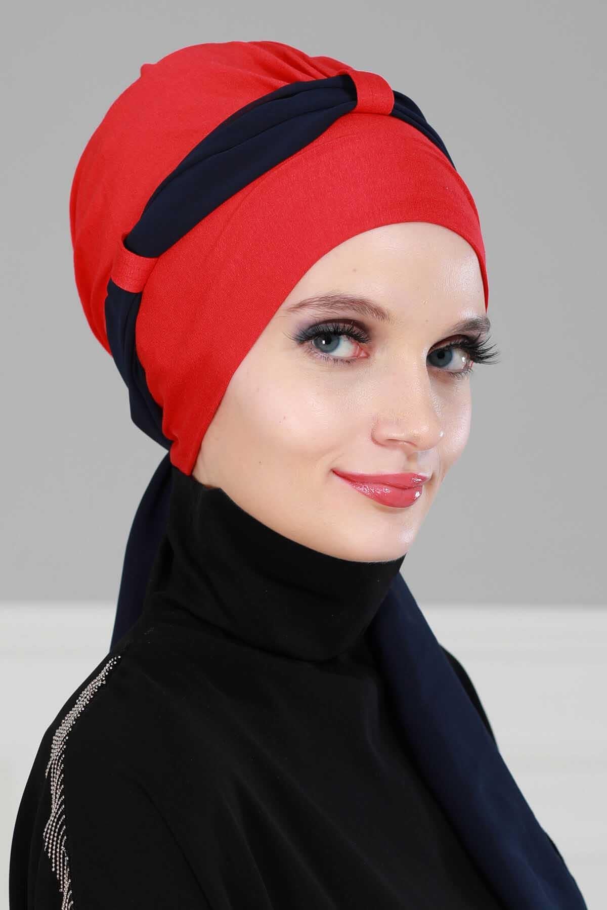 Dual Tone Instant Turban Bonnet with Chiffon Band, Fashionable Muslim Head Covering for Women, Ready-to-Wear Versatile Women Head Wrap,B-24 Red - Navy Blue