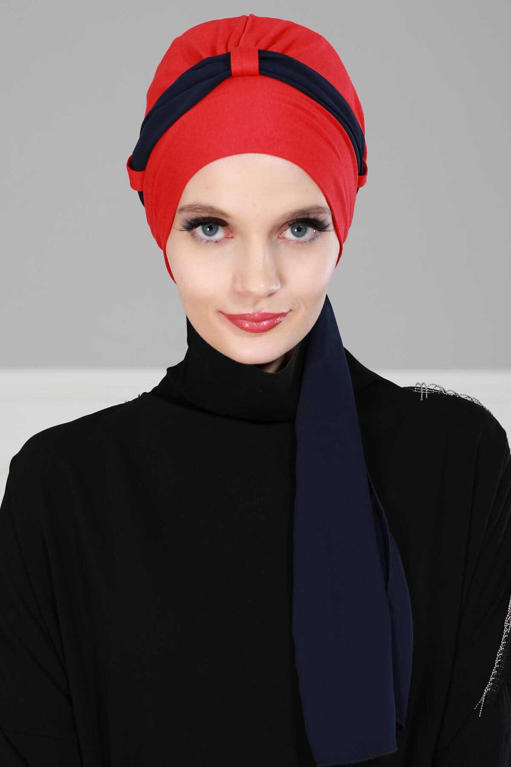 Dual Tone Instant Turban Bonnet with Chiffon Band, Fashionable Muslim Head Covering for Women, Ready-to-Wear Versatile Women Head Wrap,B-24 Red - Navy Blue