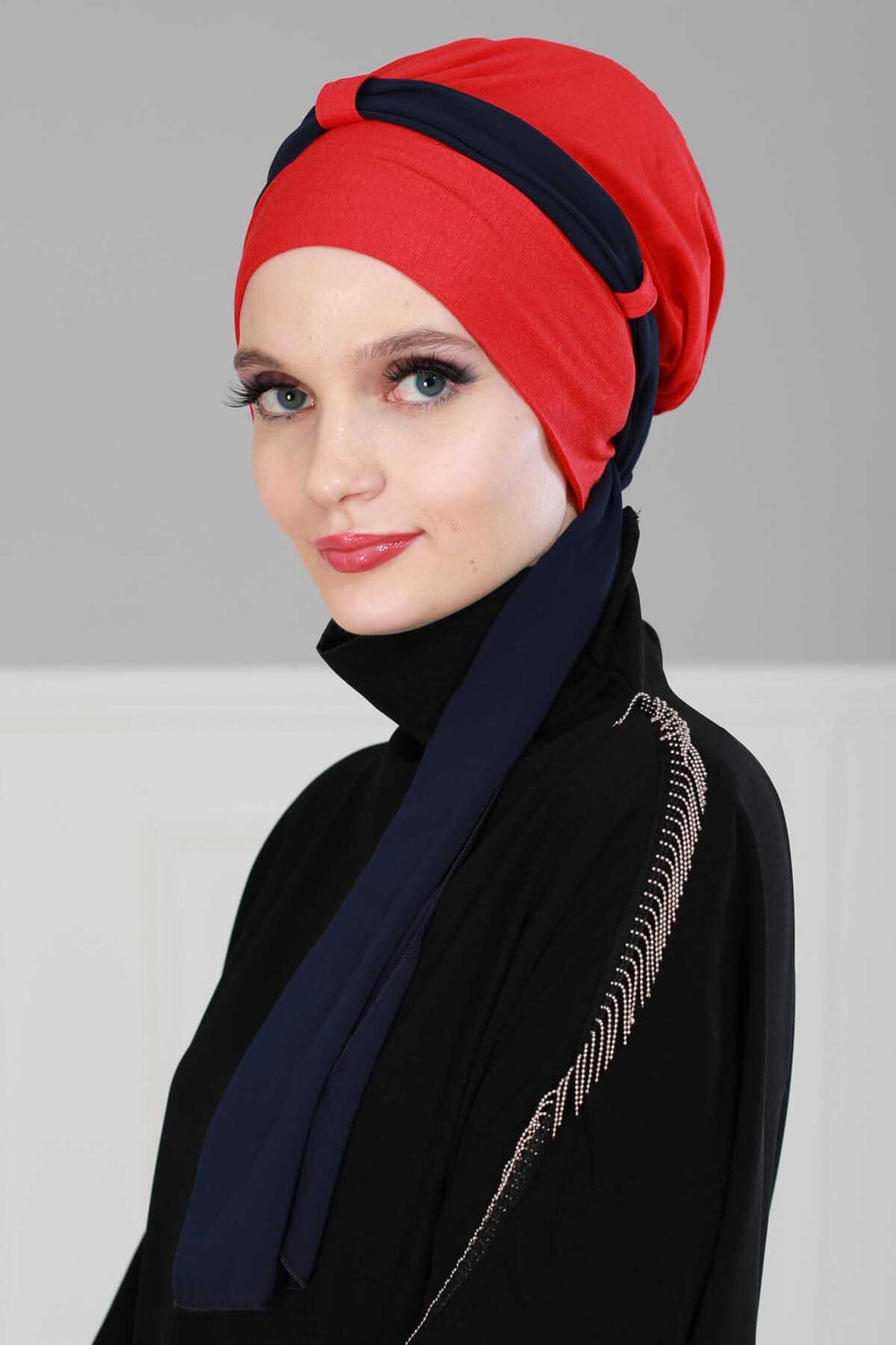Dual Tone Instant Turban Bonnet with Chiffon Band, Fashionable Muslim Head Covering for Women, Ready-to-Wear Versatile Women Head Wrap,B-24 Red - Navy Blue