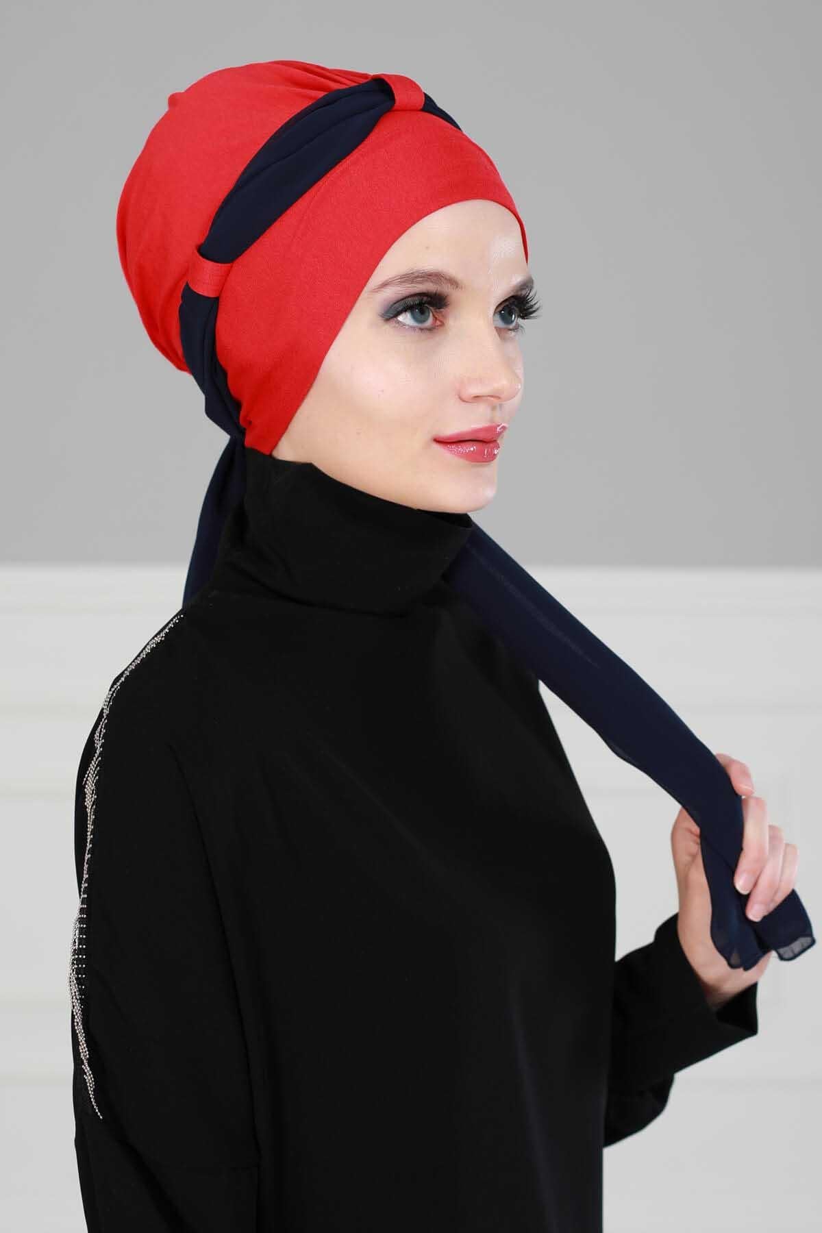 Dual Tone Instant Turban Bonnet with Chiffon Band, Fashionable Muslim Head Covering for Women, Ready-to-Wear Versatile Women Head Wrap,B-24 Red - Navy Blue