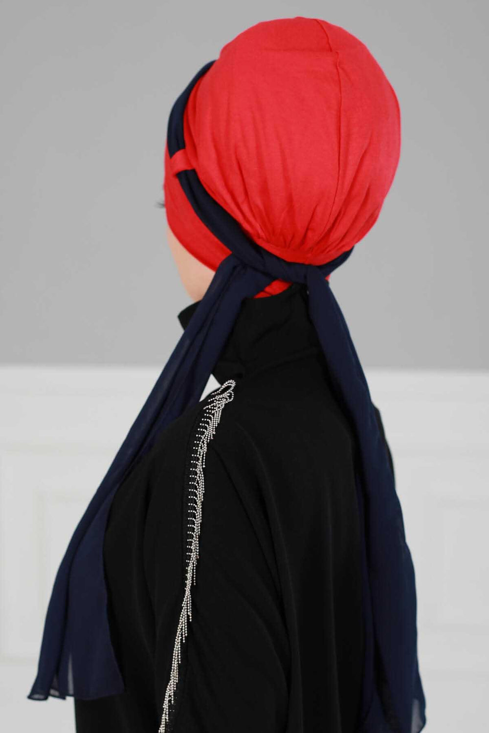 Dual Tone Instant Turban Bonnet with Chiffon Band, Fashionable Muslim Head Covering for Women, Ready-to-Wear Versatile Women Head Wrap,B-24 Red - Navy Blue