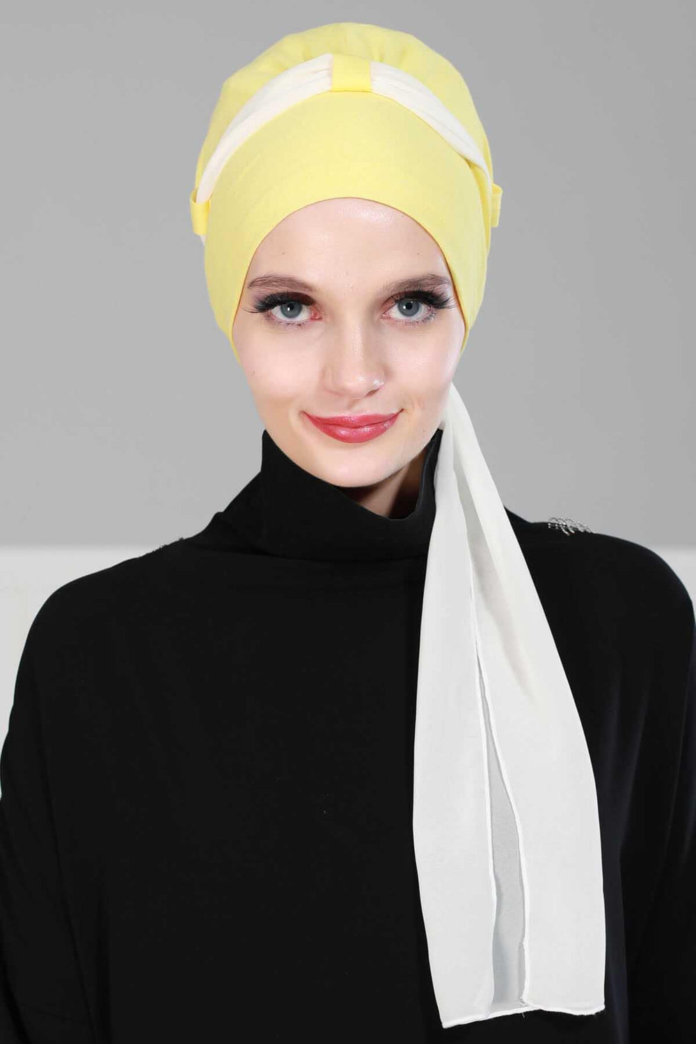 Dual Tone Instant Turban Bonnet with Chiffon Band, Fashionable Muslim Head Covering for Women, Ready-to-Wear Versatile Women Head Wrap,B-24 Yellow - Ivory