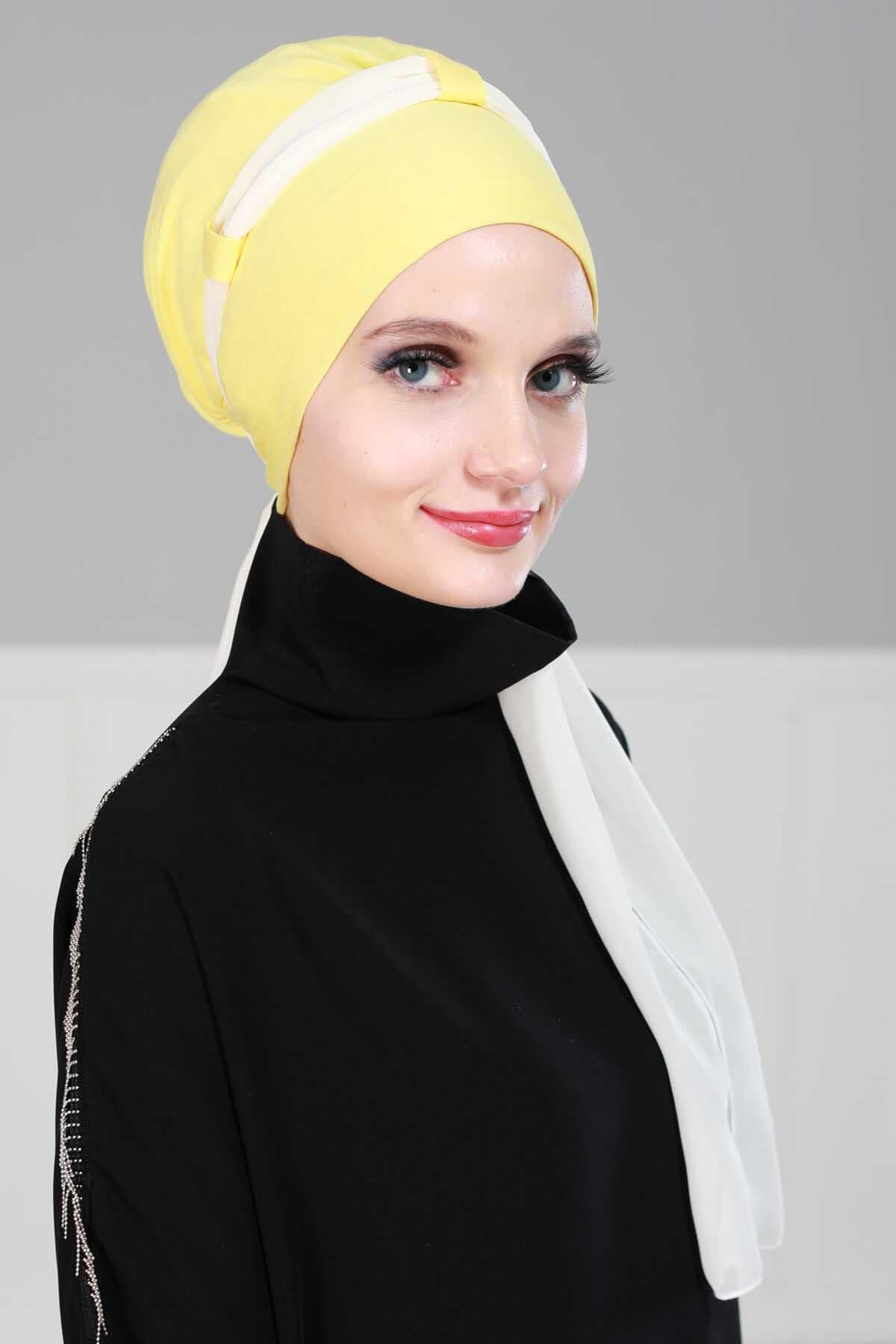 Dual Tone Instant Turban Bonnet with Chiffon Band, Fashionable Muslim Head Covering for Women, Ready-to-Wear Versatile Women Head Wrap,B-24 Yellow - Ivory